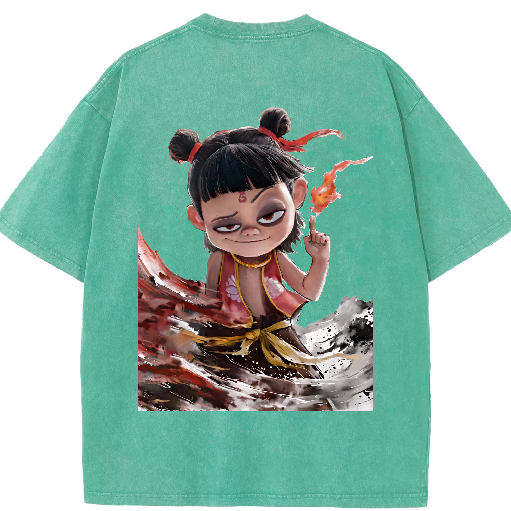 （画像用） Ne Zha 2 ナタ 魔童の大暴れ 綿100% ヴィンテージ風 半袖Tシャツ（背面プリント）